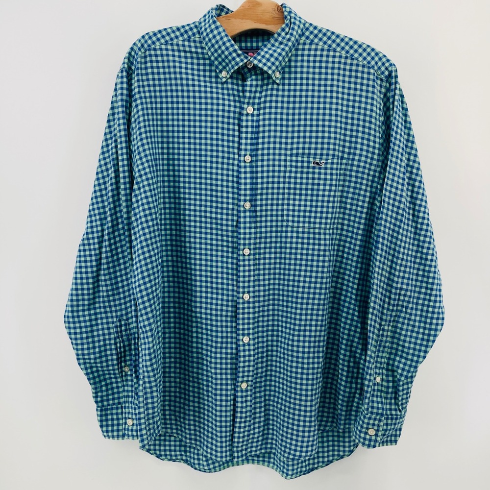 Vineyard Vines Slim Fit Tucker Shirt Mens XL Blue Green Gingham Button Down